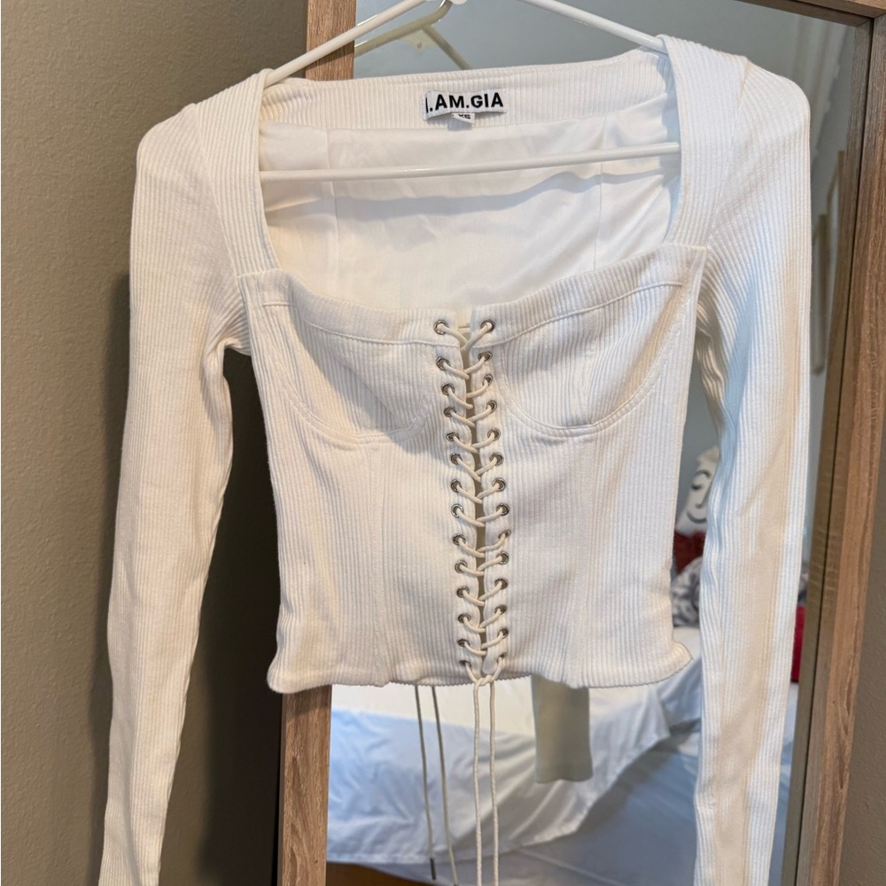 I.AM.GIA White Lace-Up Ribbed Blouse